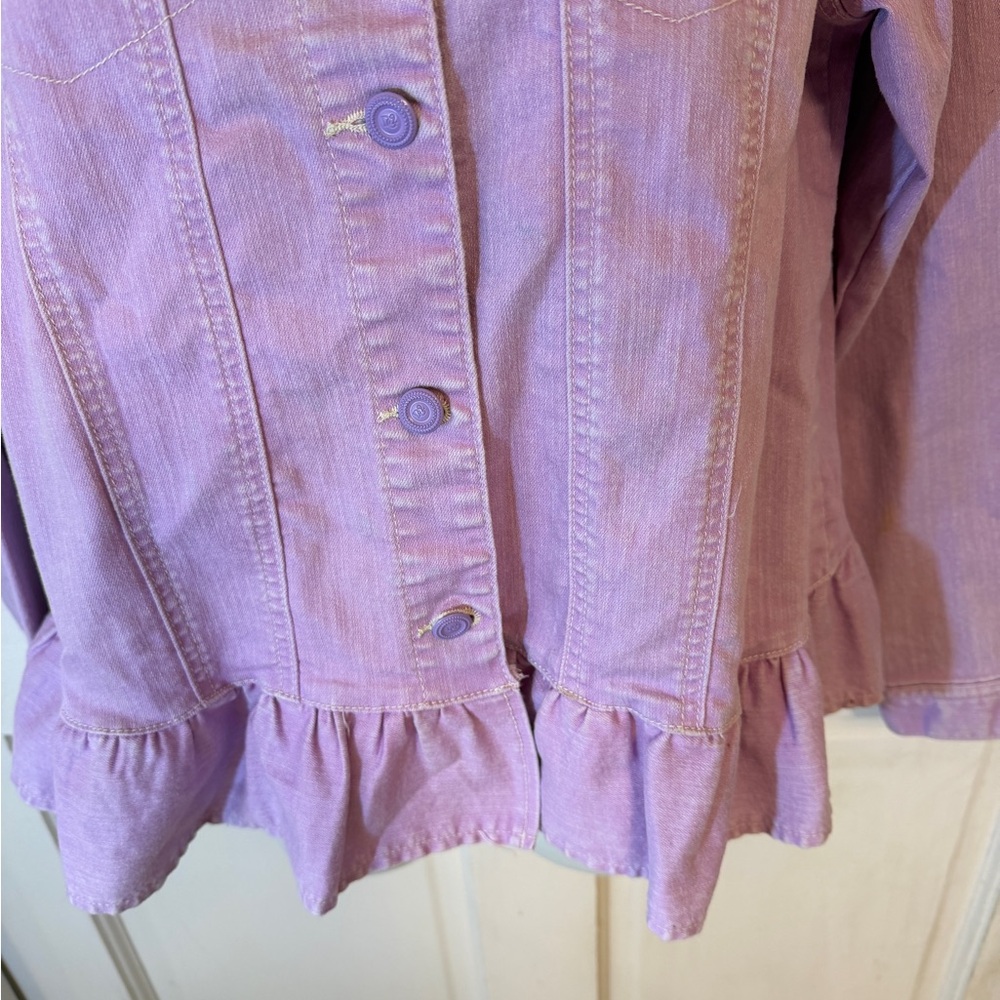 DG2 Diane Gilman Purple Button Down Denim Jacket Ruffled Hem - Picture 4 of 10